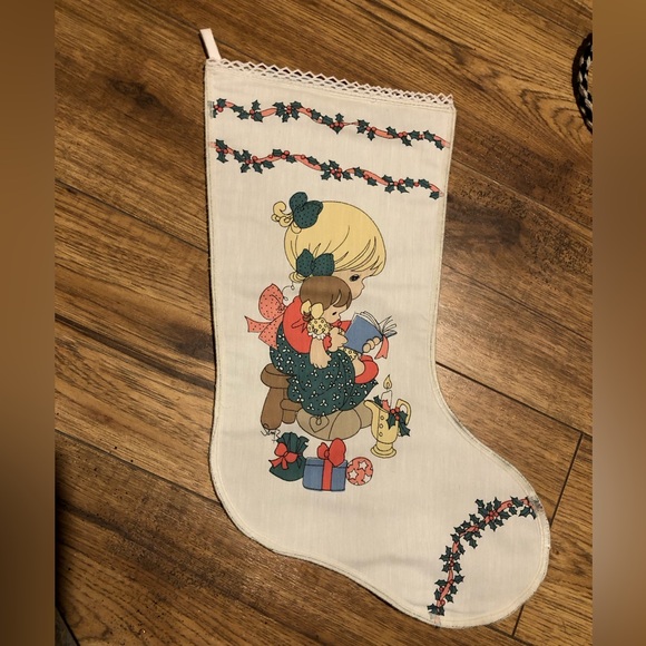 Precious Moments Christmas stocking Girl 90s pastel 1990s Xmas sad eyes vintage - Picture 2 of 7